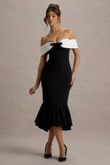Corola | Black & White Bardot Volume-Hem Midi Dress