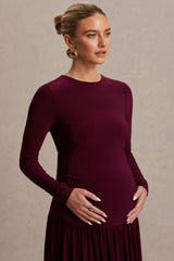 Monroe | Burgundy Crew-Neck Maternity Maxi Dress With Drop-Waist