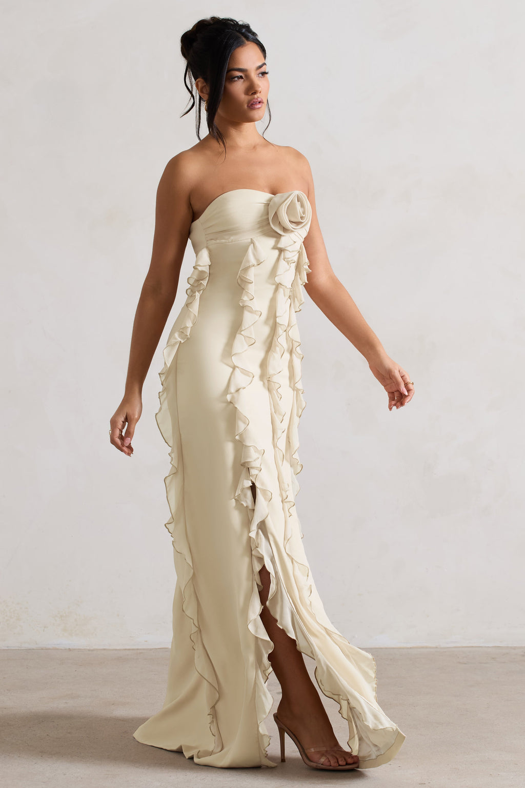 Gardenia | Champagne Strapless Ruffle Maxi Dress With Corsage
