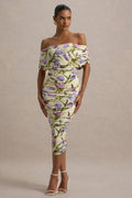 Rayleigh | Tulip Floral Print Bardot Ruched Midi Dress