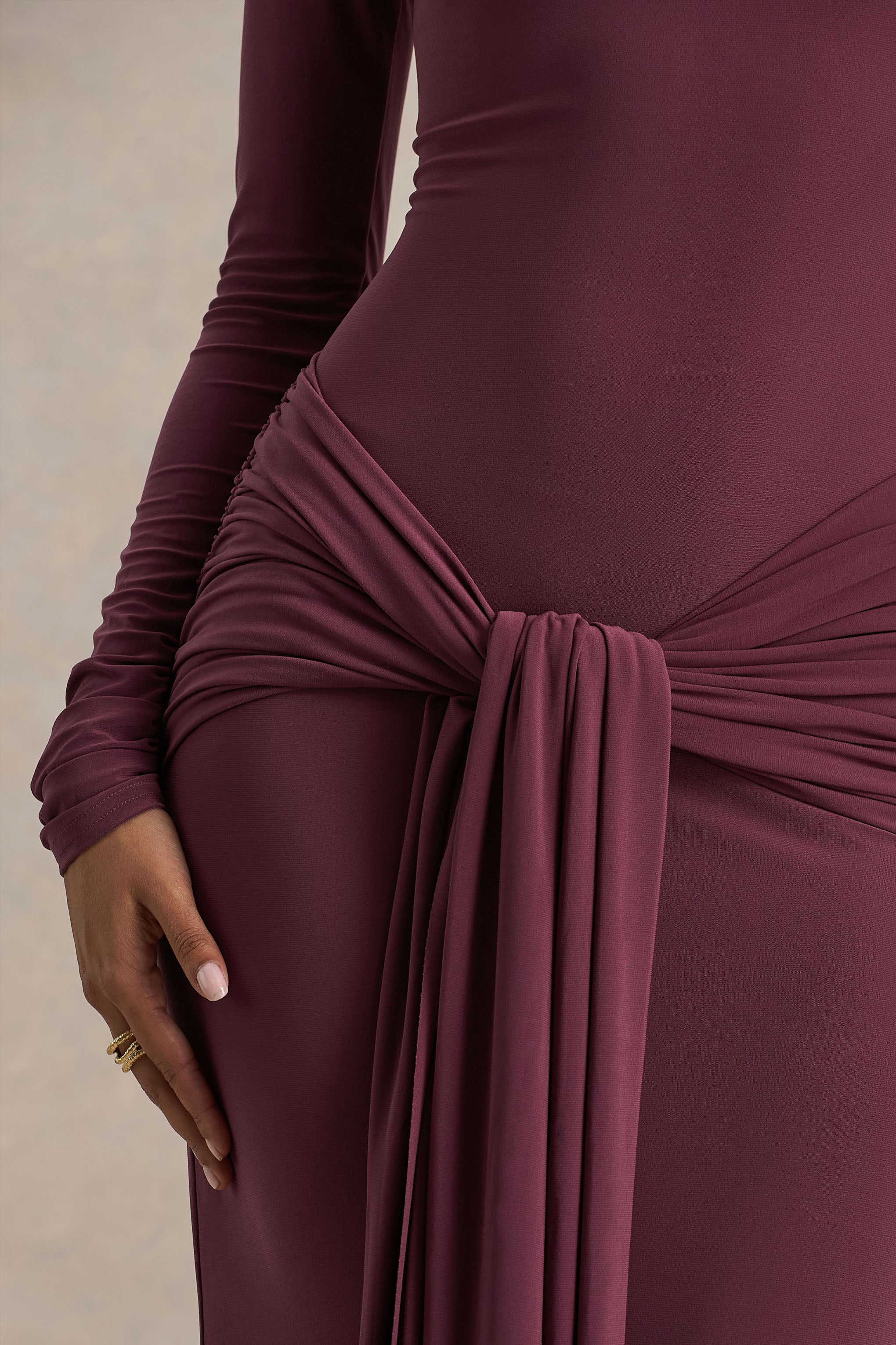 Myra | Burgundy High-Neck Maxi Dress With Sash and Ruched Detailing