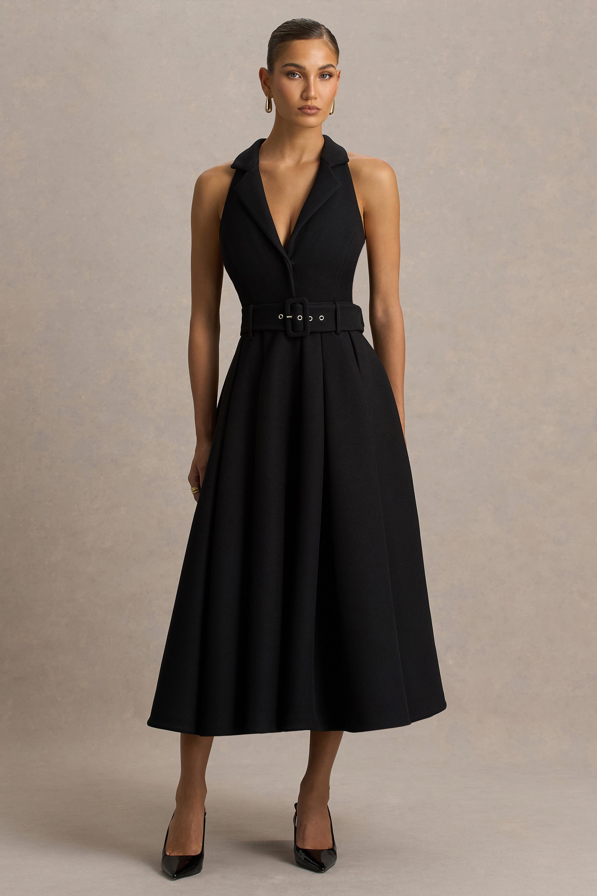 Alessa | Black Plunge-Neck Tailored Midi Dress